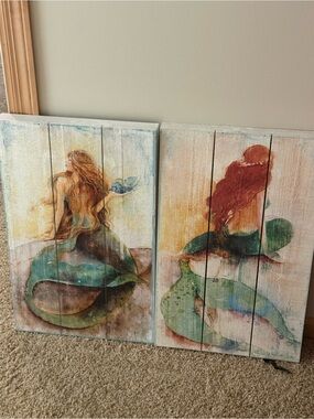 Mermaid Pair Canvas Wall Art - Teal & Green Home Wall Decor